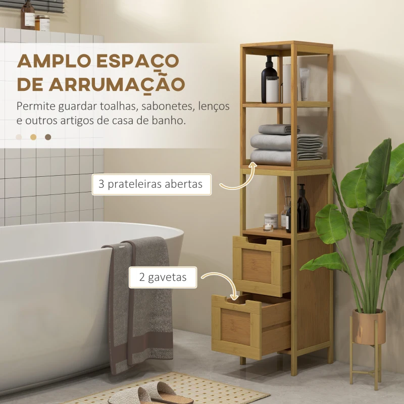 kleankin Coluna Casa de Banho com 3 Prateleiras e 2 Gavetas Armário Alto para Casa de banho Estilo Moderno 30x30x144,3 cm Madeira