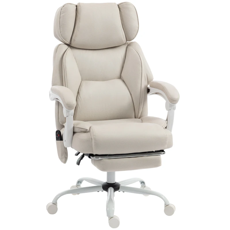 HOMCOM Cadeira de Escritório Reclinável com Massagem Vibratória de 6 Pontos Aquecimento Lombar Apoio de Cabeça Ajustável Apoio para os Pés Creme