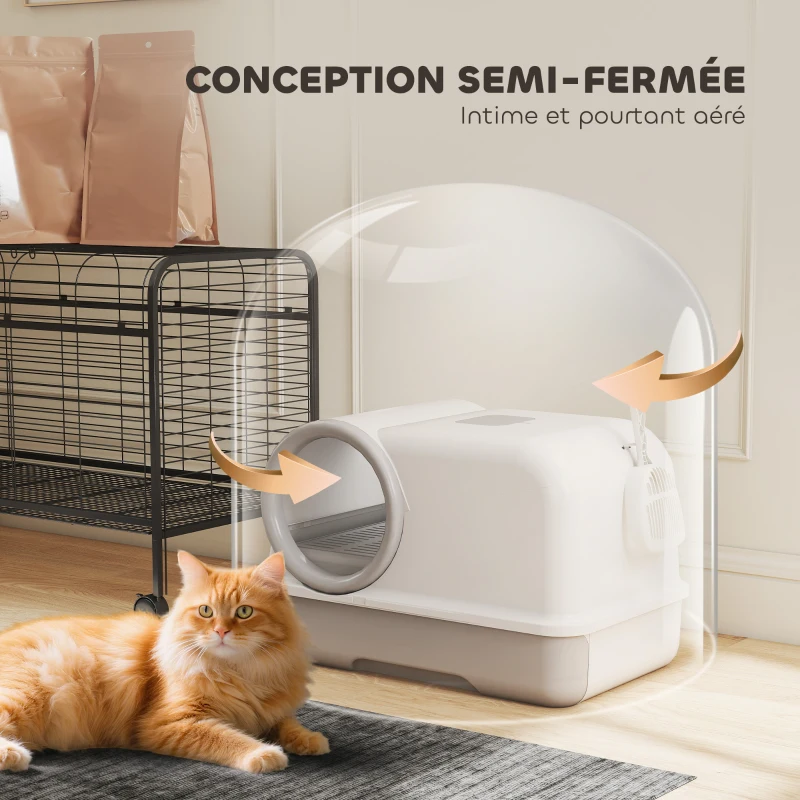 PawHut Bac à litière fermé XL en PP, maison de toilette pour grand chat, avec couvercle et pelle 59 x 39,5 x 39,5 cm gris clair
