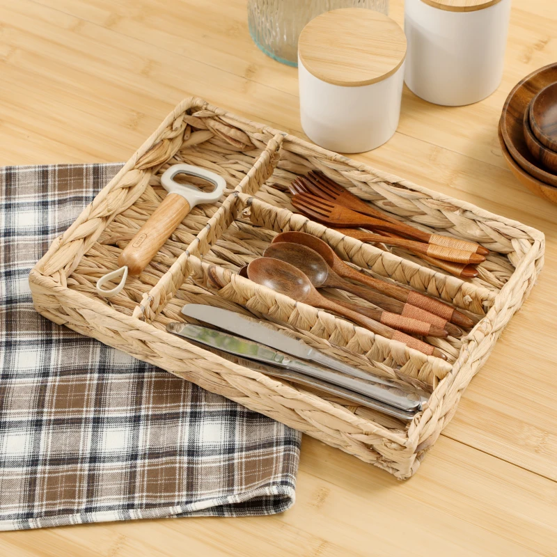 HOMCOM Panier de rangement tressé en jacinthe d'eau avec 4 compartiments, pour salle de bain, chambre à coucher, naturel