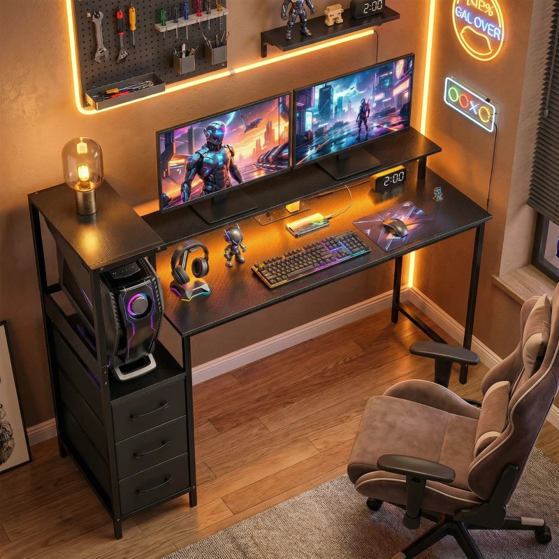 HOMCOM 147cm Gaming Desk with Charging Station and Monitor Stand, Computer Table for Home Office with RGB Lights, Black