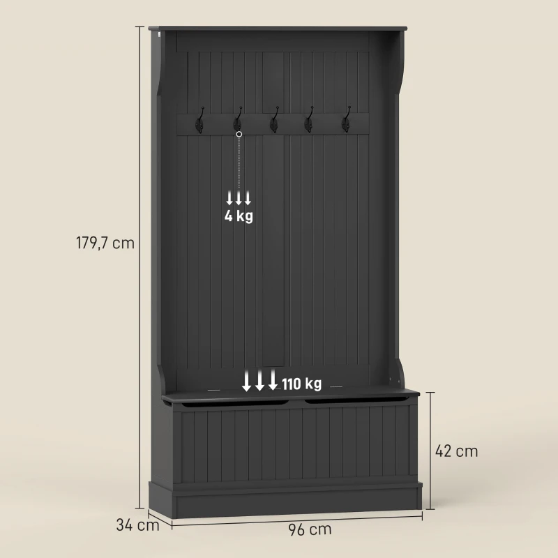 HOMCOM Móvel Cabide de Entrada com Banco Armário de Entrada com Cabide 5 Ganchos e Espaço de Armazenamento 96x34x179,7 cm Preto