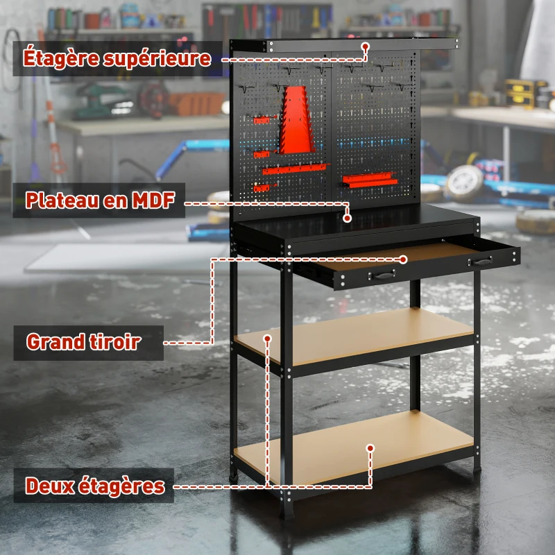 HOMCOM Établi d'atelier, plan de travail avec panneau perforé, 14 kits de suspension, 2 étagères et tiroir, 80x40,5x155cm, noir