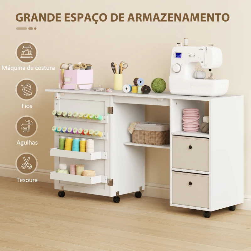 HOMCOM Mesa de Costura Dobrável com 6 Rodas Móvel para Máquina de Costura com 18 Pinos para Linhas 2 Gavetas 146,4x40x77,5 cm Branco