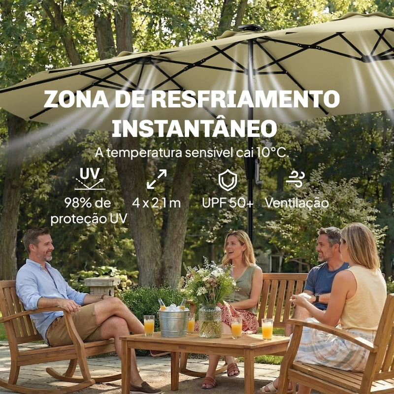 Outsunny Chapéu de Sol Duplo com 36 Luzes LED Solares 4x2 m Manivela UPF50+ Chapéu de Sol para Jardim Bege
