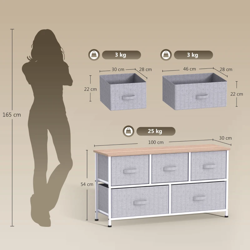 HOMCOM Cómoda com 5 Gavetas de Tecido Cómoda para Quarto Estrutura Metálica 100x30x54 cm Cinzento