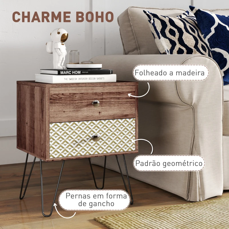 HOMCOM Mesa de Cabeceira com 2 Gavetas Pés de Aço Estilo Boémio Mesa de Cabeceira para Quarto Sala de Estar 45x39x55,5 cm Marrom