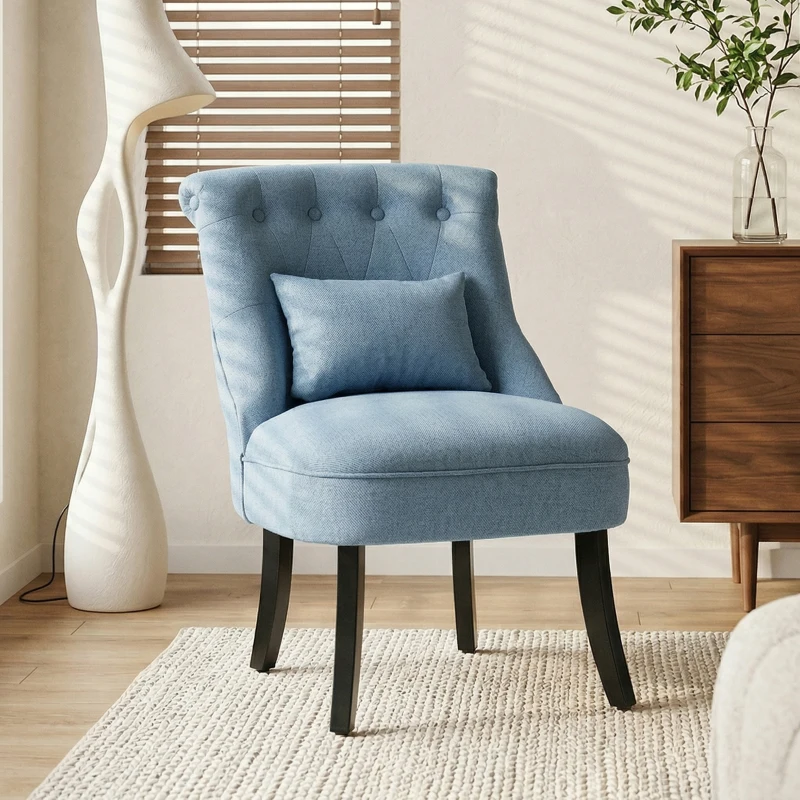 HOMCOM Fabric Single Sofa Dining Chair Tub Chair Upholstered W/ Pillow Solid Wood Leg Home Living Room Furniture Blue