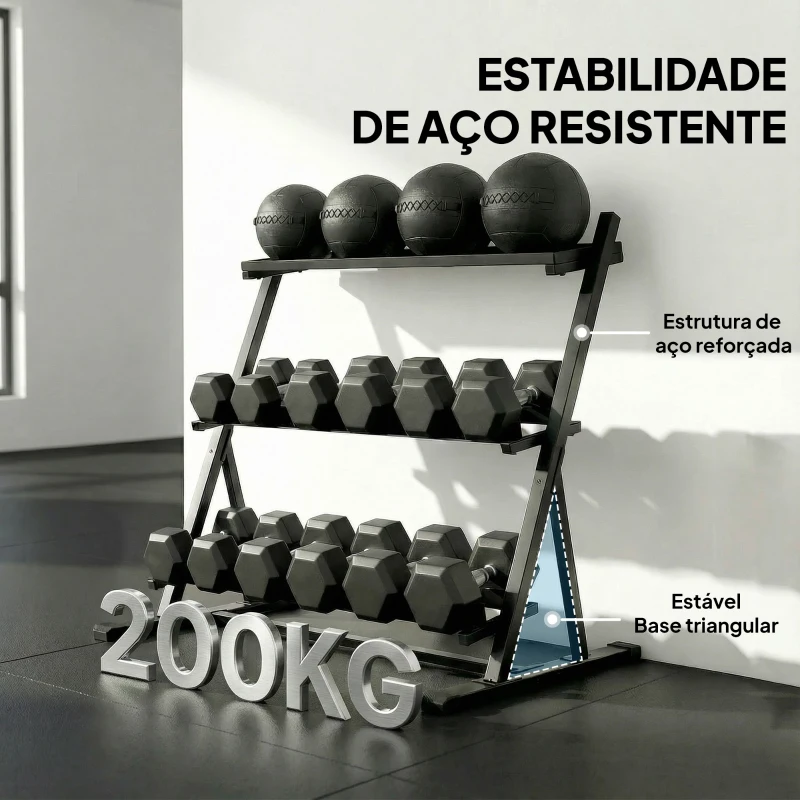 SPORTNOW Suporte para Halteres de 3 Níveis Estante de Pesos de Aço com Barras Ajustáveis para Ginásio Casa Capacidade 200 kg