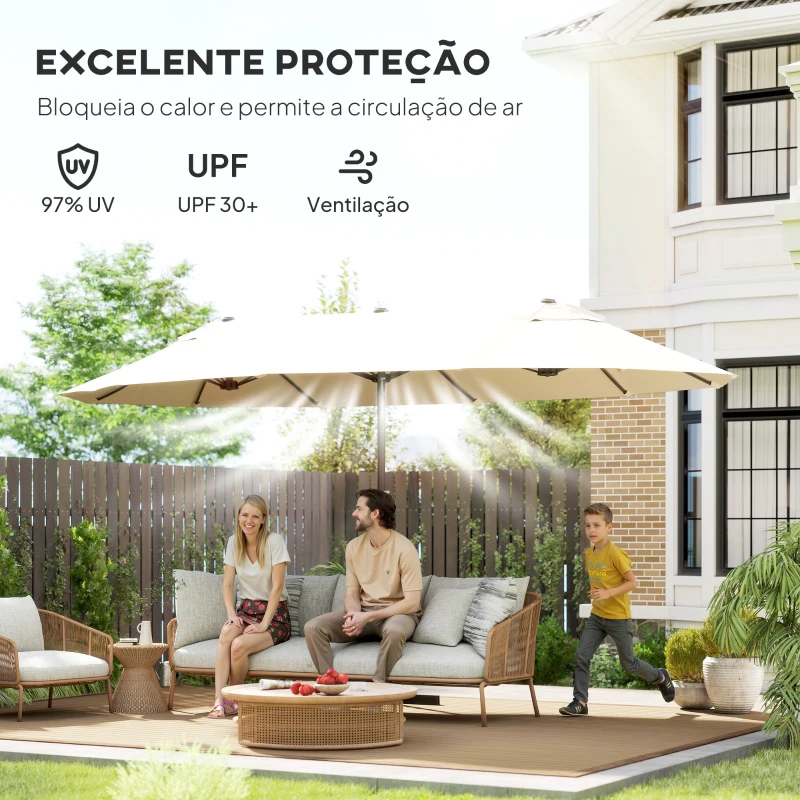 Outsunny Chapéu de Sol Duplo 4,55x2,65x2,38 m Chapéu de Sol de Jardim com Manivela Manual com Proteção Solar UV Creme