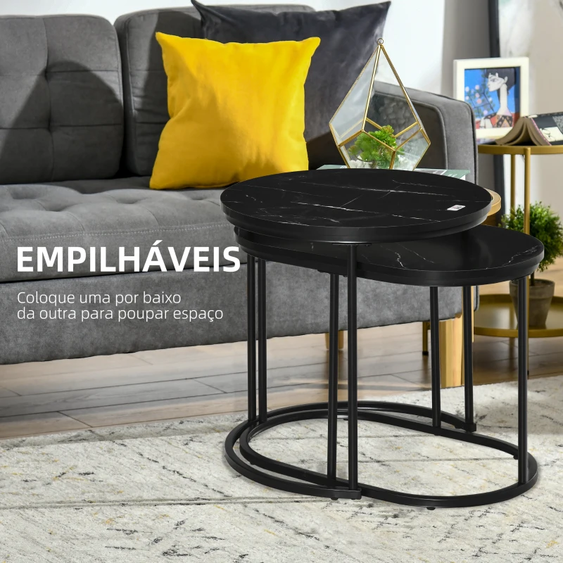 HOMCOM Conjunto de 2 Mesas de Centro Mesas Auxiliares Tampo com Efeito Mármore Estrutura em Aço Preto