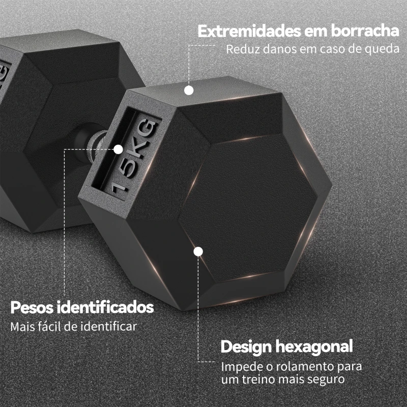 HOMCOM Conjunto de 2 Halteres Hexagonais de 15 kg (30 kg Total) com Pega Metálica Anti-Deslizante Preto e Prateado