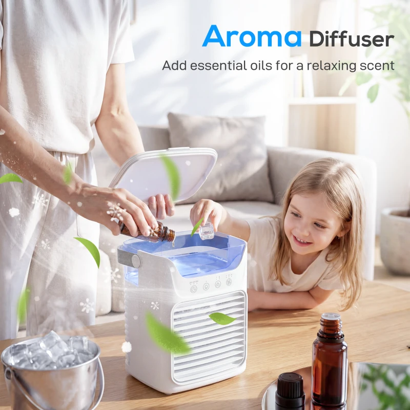 HOMCOM Air Cooler with Adjustable Head, Portable Air Conditioner with 3 Wind Speed, 2 Cool Mist, RGB Light, White