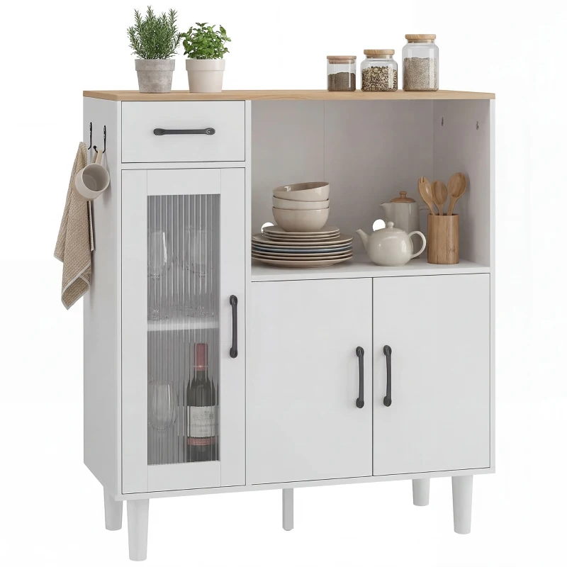 HOMCOM Bufet dulap de bucătărie cu sertar, 2 dulapuri, compartiment deschis, ușă acrilică nervurată 80 x 34 x 91 cm Alb+Stejar