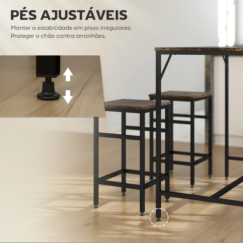 HOMCOM Conjunto de Mesa de Bar com 4 Bancos com Apoio para os Pés Mesa de 100x60x88cm e Bancos de 32x32x57cm Preto e Nogueira