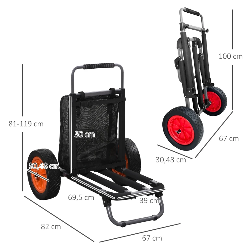 SPORTNOW Carrinho de Praia Dobrável Carrinho de Transporte com Grandes Rodas de 30 cm Todo-o-Terreno com Bolso e Punho Telescópico