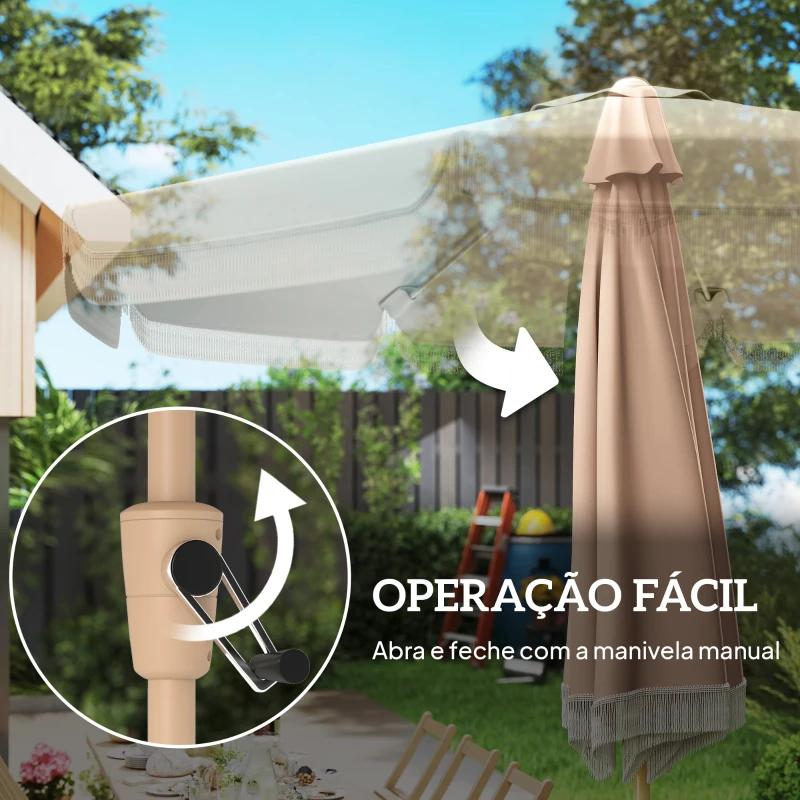Outsunny Chapéu de Sol de Jardim Ø266x238 cm com Ângulo Ajustável Manivela e Dossel com Franjas Decorativas para Pátio Terraço Caqui