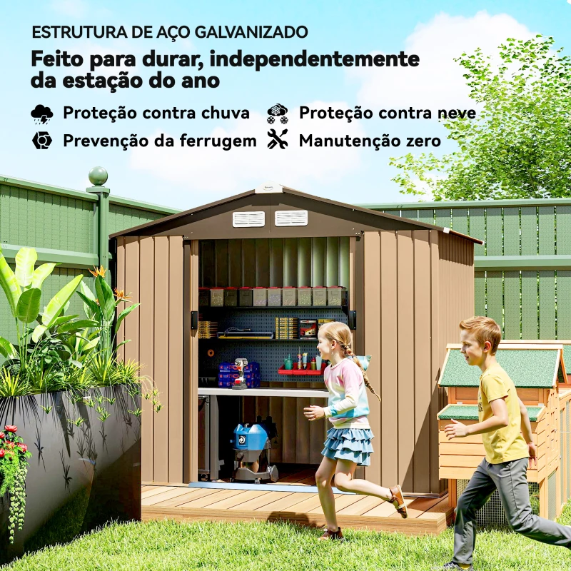 Outsunny Abrigo de Jardim Exterior 2,42 m² 213x130x185 cm com Porta de Correr, Ventilação e Luvas, Amarelo