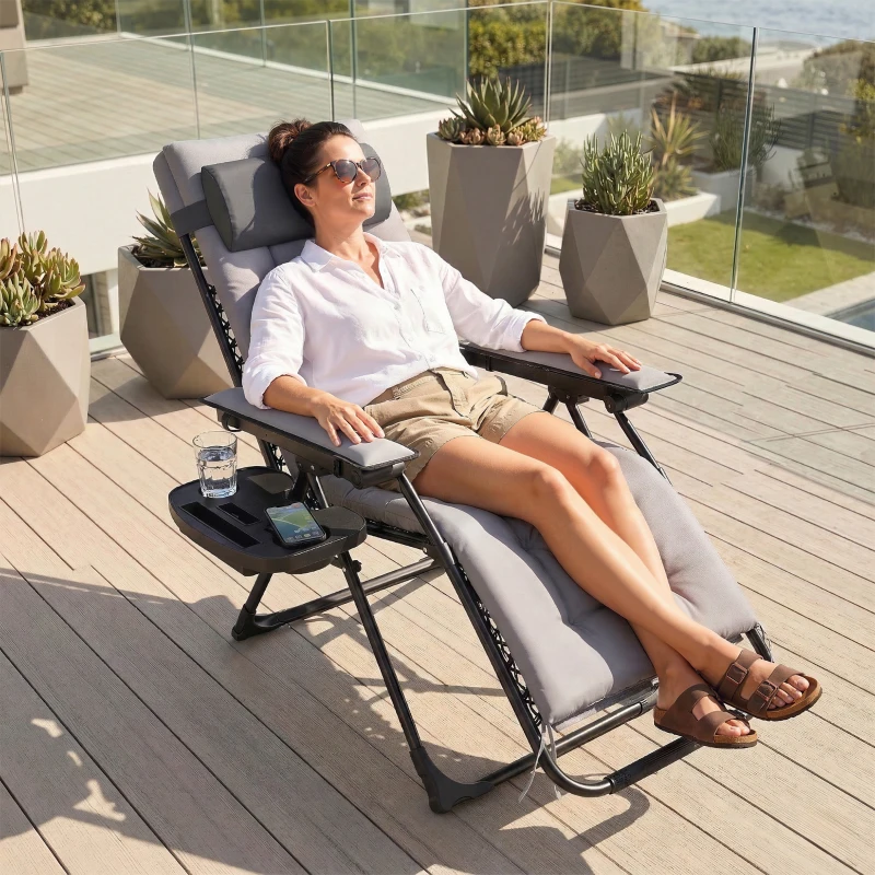 Outsunny Zero Gravity Chair, Folding Sun Lounger Reclining Garden Chair with Arm Pads, Cushion, Cup Holder, Headrest, Light Grey