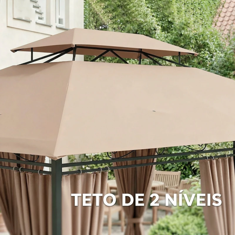 Outsunny Pérgola para Jardim 3x4 m Pérgola de Exterior com Telhado Duplo 6 Paredes Laterais Estrutura Metálica Caqui