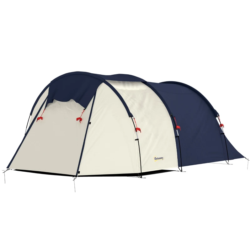 Outsunny Tenda da Campeggio Tunnel per 4 Persone Impermeabile, con Zona Notte e Giorno, Finestre e Telo da Terra, Blu Marino e Crema