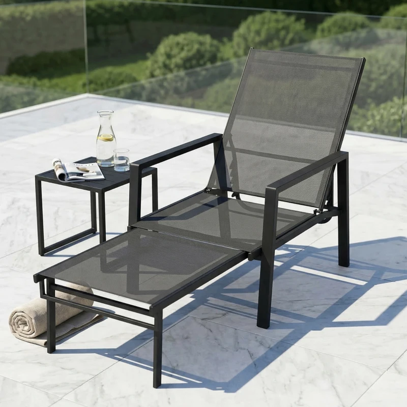 Outsunny Chaise Longue Jardin Réglable à 5 Positions avec Repose-Pieds Rétractable et Accoudoirs, Acier, 63x185x55cm, Noir