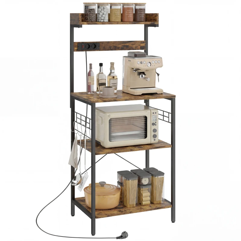 HOMCOM Estante de Cozinha com 2 Tomadas Prateleira para Micro-ondas Prateleira Ajustável Ganchos 60x42x137 cm Castanho Rústico
