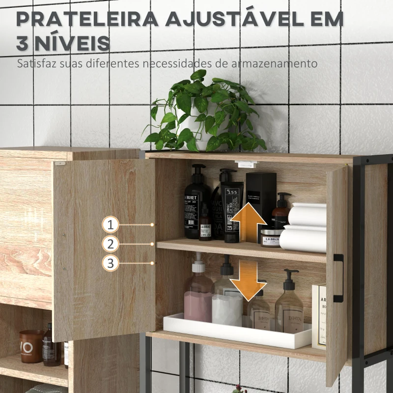 kleankin Móvel sobre Sanita com 2 Portas Prateleira Ajustável Prateleira Aberta Estante de Casa de Banho 64x19x178 cm Madeira