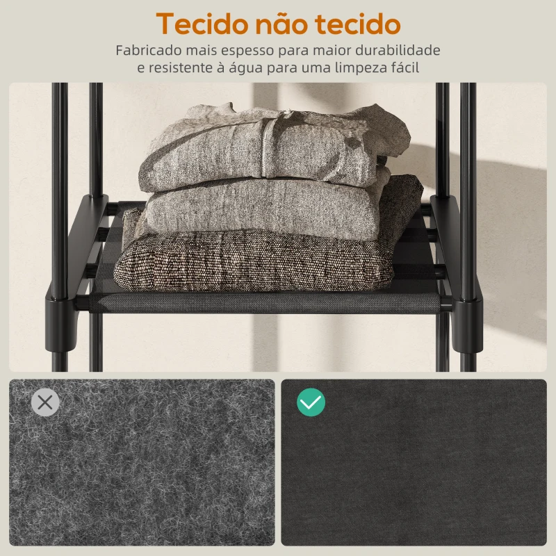 HOMCOM Armário para Roupas 182x43x185 cm Armário Aberto com 8 Prateleiras de Tecido Barras para Pendurar  182x43x185 cm Preto