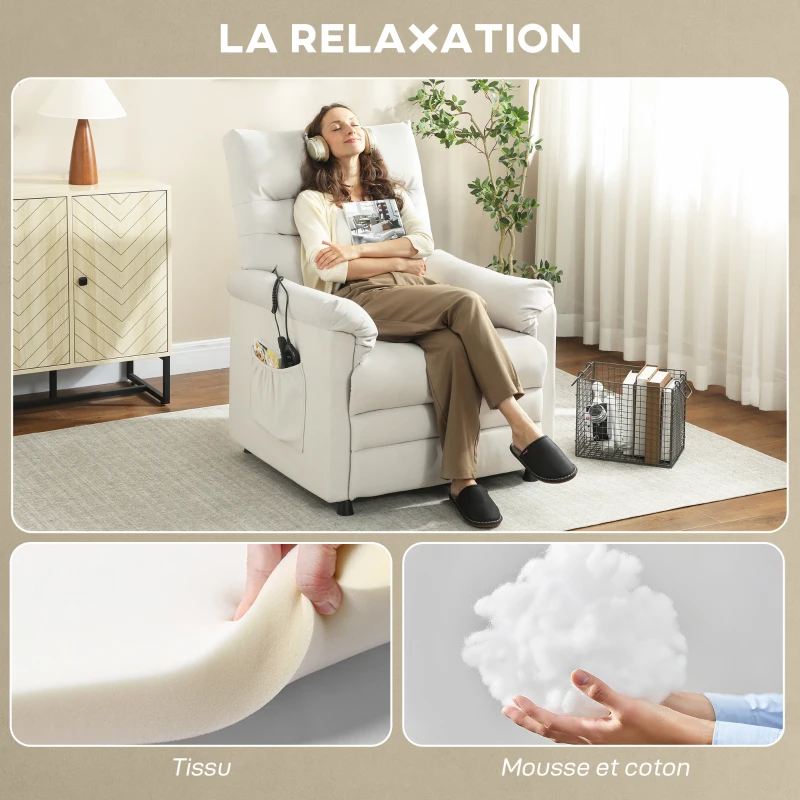 HOMCOM Fauteuil relax électrique massant et chauffant, fauteuil inclinable, repose-pieds, moteur silencieux, 82x99x106cm, crème