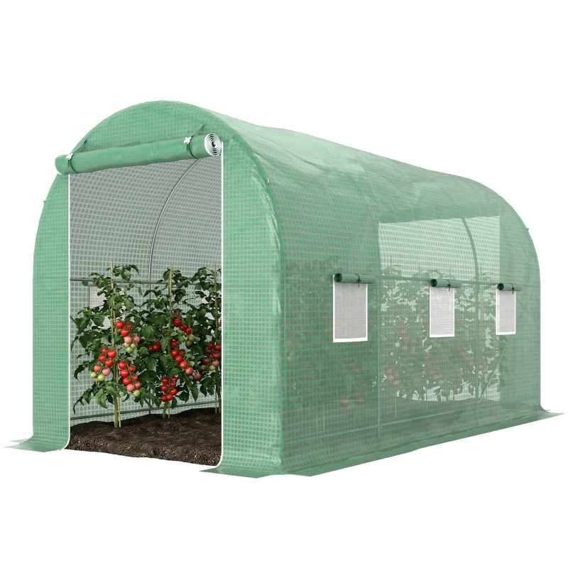 Outsunny Estufa tipo Túnel 400x200x205 cm Estufa de Jardim com Porta Enrolável e 6 Janelas Cobertura de PE 140 g/m² Verde
