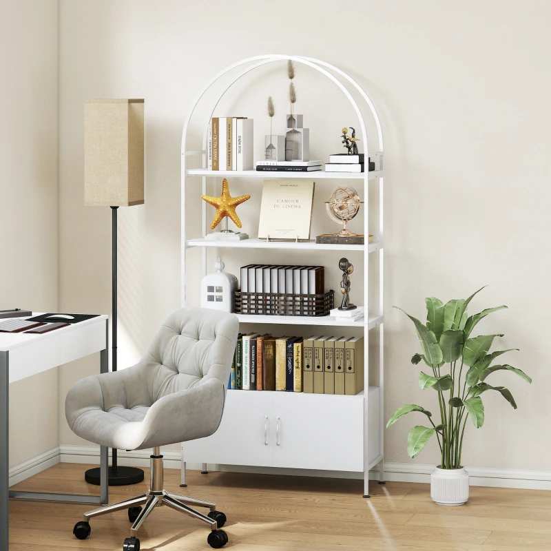 HOMCOM Étagère de rangement, bibliothèque arquée à 4 niveaux avec placard double porte, 80 x 30 x 187 cm, blanc