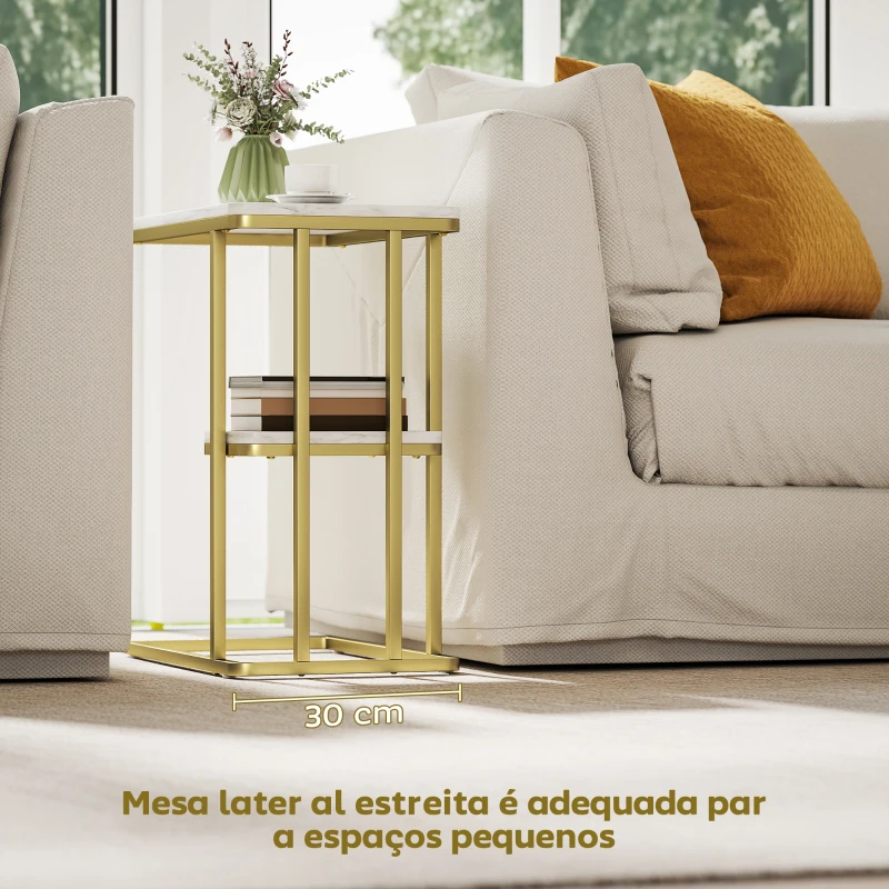 HOMCOM Mesa Auxiliar Estrutura em C Mesa Auxiliar Estreita de 2 Níveis com Prateleira 50x30x57,5 cm Branco Efeito Mármore