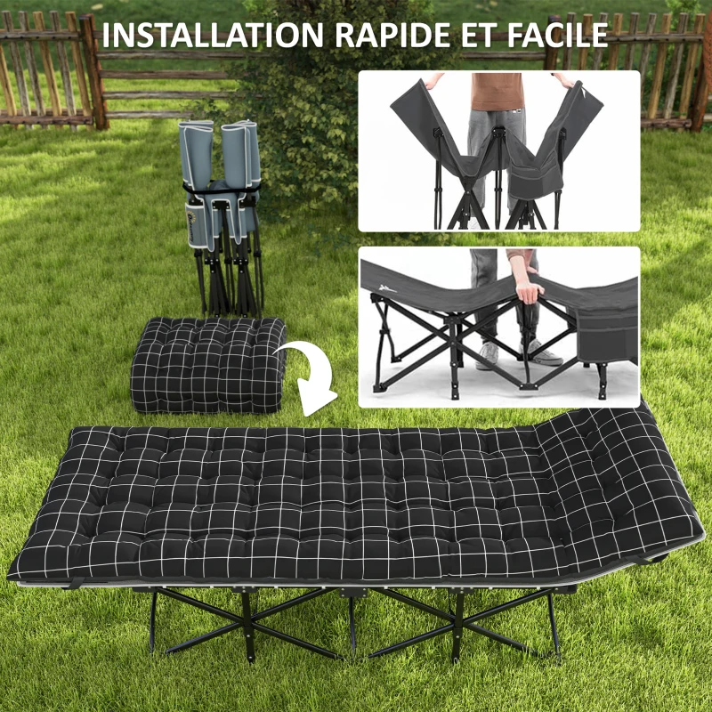Outsunny Lit de camping pliable avec matelas, pochette latérale et sac intégré Lit de Camp tissu Oxford 190 x 67 x 37 cm Noir
