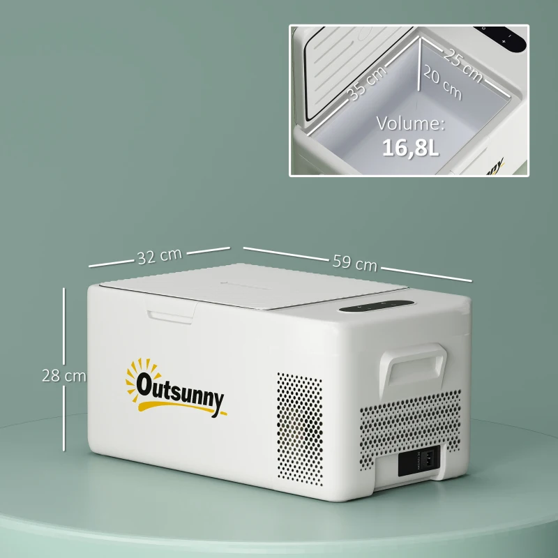 Outsunny Geleira Portátil Elétrica 16,8L Refrigerador para Carro 12/24/220V -20℃ a +20℃ com Ecrã e Luz LED 59x32x28 cm Branco