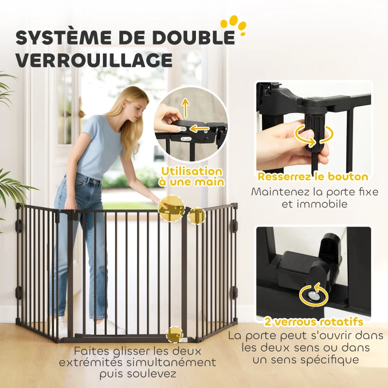 PawHut Barriere de securite chien pliable avec porte en acier 3 panneaux modulable fermeture automatique 202,5 x 2 x 76 cm noir