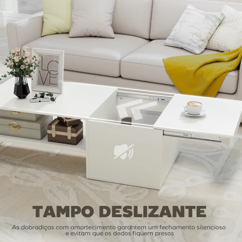 HOMCOM Mesa de Centro com Superfície Deslizante Moderna com Compartimento Oculto Prateleira Aberta 110x52x36 cm Branco