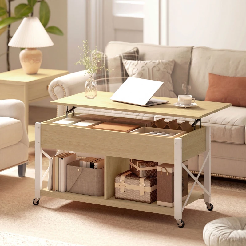 HOMCOM Mesa de Centro Elevatória com Rodas Compartimento Oculto e Prateleiras Abertas 105x50x67 cm Madeira e Branco