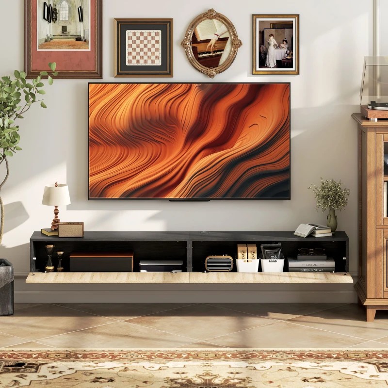 HOMCOM Meuble TV suspendu 140cm, meuble télé pour téléviseur 72 pouces, 2 portes rabattables, 140x25x22cm, bois naturel et noir