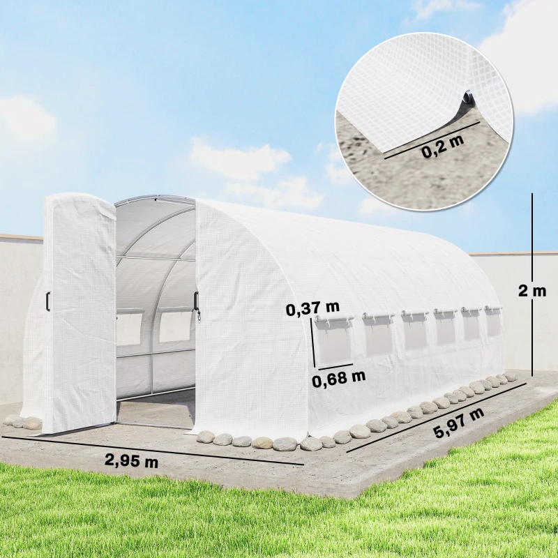 Outsunny Estufa de Túnel 6x3x2 m com Porta de Dobradiças,12 Janelas com Rede e Estrutura de Aço Galvanizado Branco