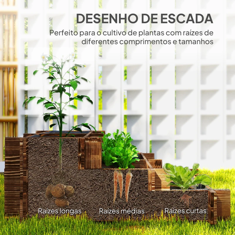 Outsunny Caixa de Plantio de Madeira de 3 Níveis com Malha Geotextil para Cultivos de Plantas Flores Exterior 93x93x35 cm Carbonizado