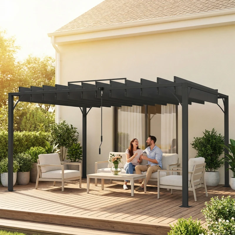Outsunny Pérgola 390x295x213 cm para Jardim com Desenho de Lâminas Superiores Giratórias até 135° Proteção UV 50+ Cinza