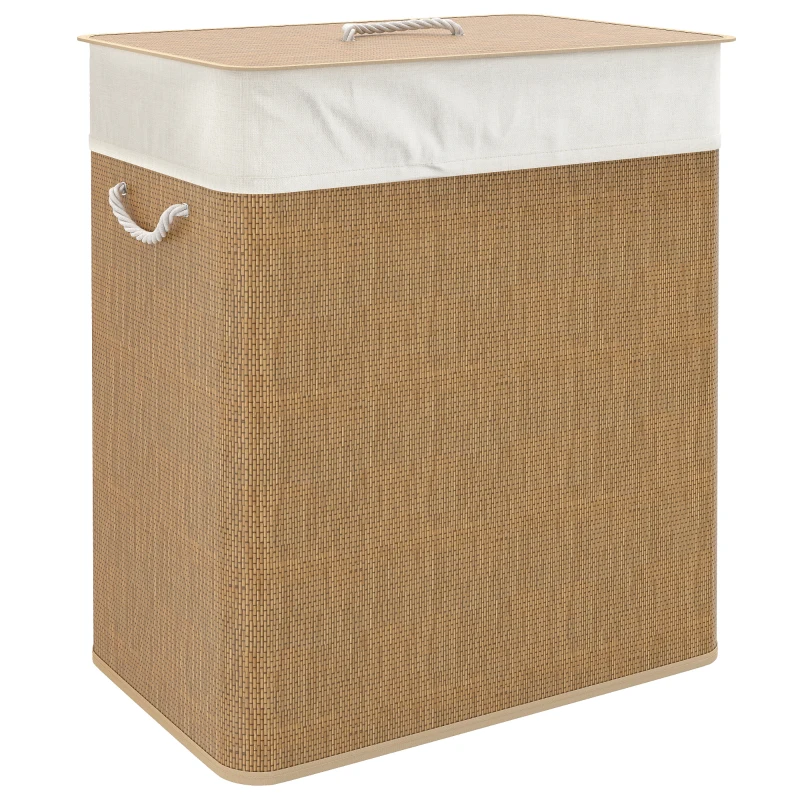 HOMCOM Cesto de Roupa com Tampa 100L de Bambu com 2 Compartimentos Bolsa Interior Amóvivel 52x32x63 cm Marrom e Creme
