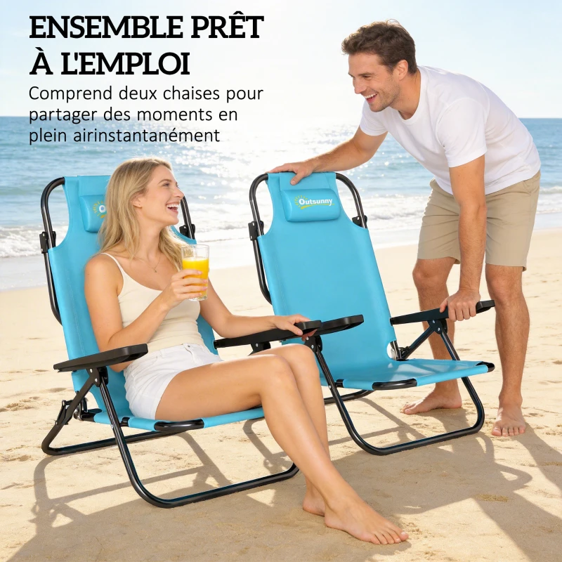 Outsunny Lot de 2 Chaises de Plage Pliable à 5 Positions avec Dossier, Appui-tête et Accoudoirs, 63x75x80cm, Bleu Clair