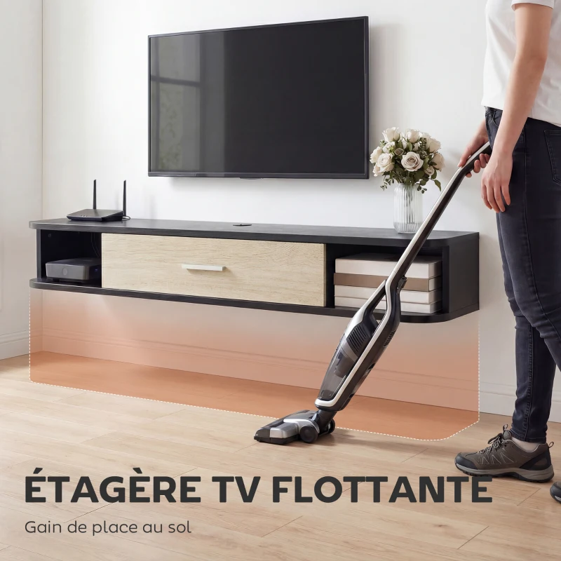 HOMCOM Meuble TV Suspendu 120 cm, Meuble télé jusqu'à 50 Pouces, Porte Rabattable, 2 Étagères Ouvertes et Passe-câbles, Noir
