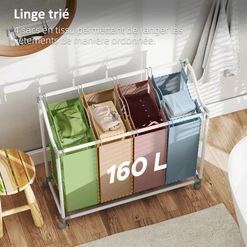 HOMCOM Panier à linge mobile, chariot linge sale, corbeille à roulettes avec 4 sacs amovibles, 4 x 40L, 97 x 38 x 81 cm, gris