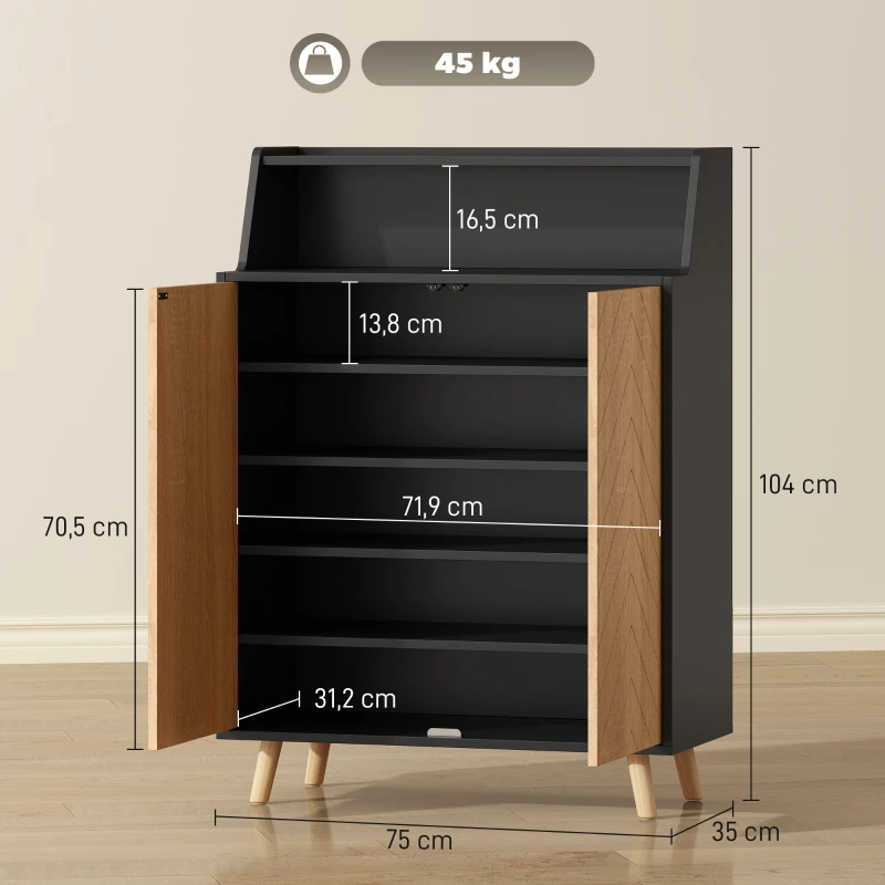 HOMCOM Sapateira para Entrada com Prateleiras Ajustáveis para 15 Pares de Sapatos 75x35x104 cm Preto e Madeira