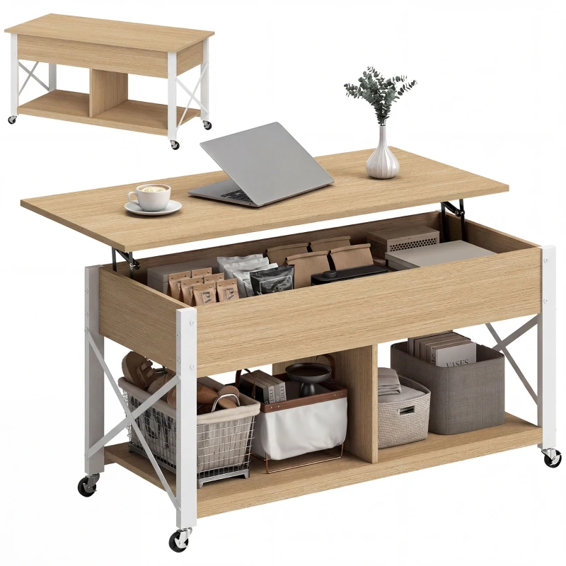 HOMCOM Mesa de Centro Elevatória com Rodas Compartimento Oculto e Prateleiras Abertas 105x50x67 cm Madeira e Branco