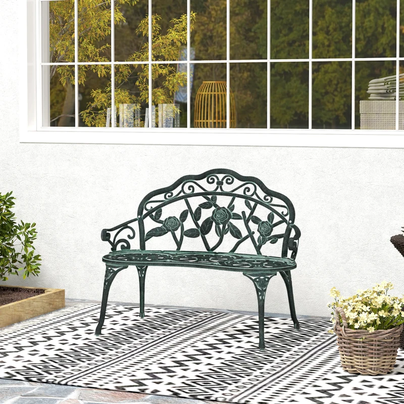 Outsunny Banc de Jardin 2 Places Style néo-rétro Motif Rose Lignes fuselées 100L x 54l x 78H cm Fonte d'aluminium Vert Vieilli