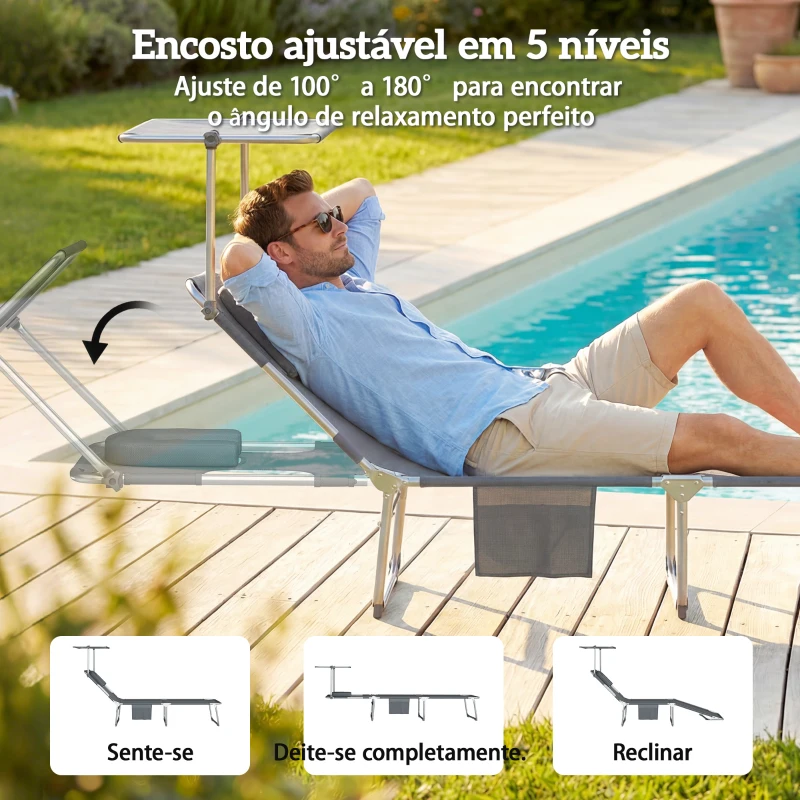 Outsunny Conjunto de 2 Espreguiçadeiras Dobráveis com Dossel 360° Encosto 5 Posições Orifício Facial 188x56x27 cm Cinza Escuro